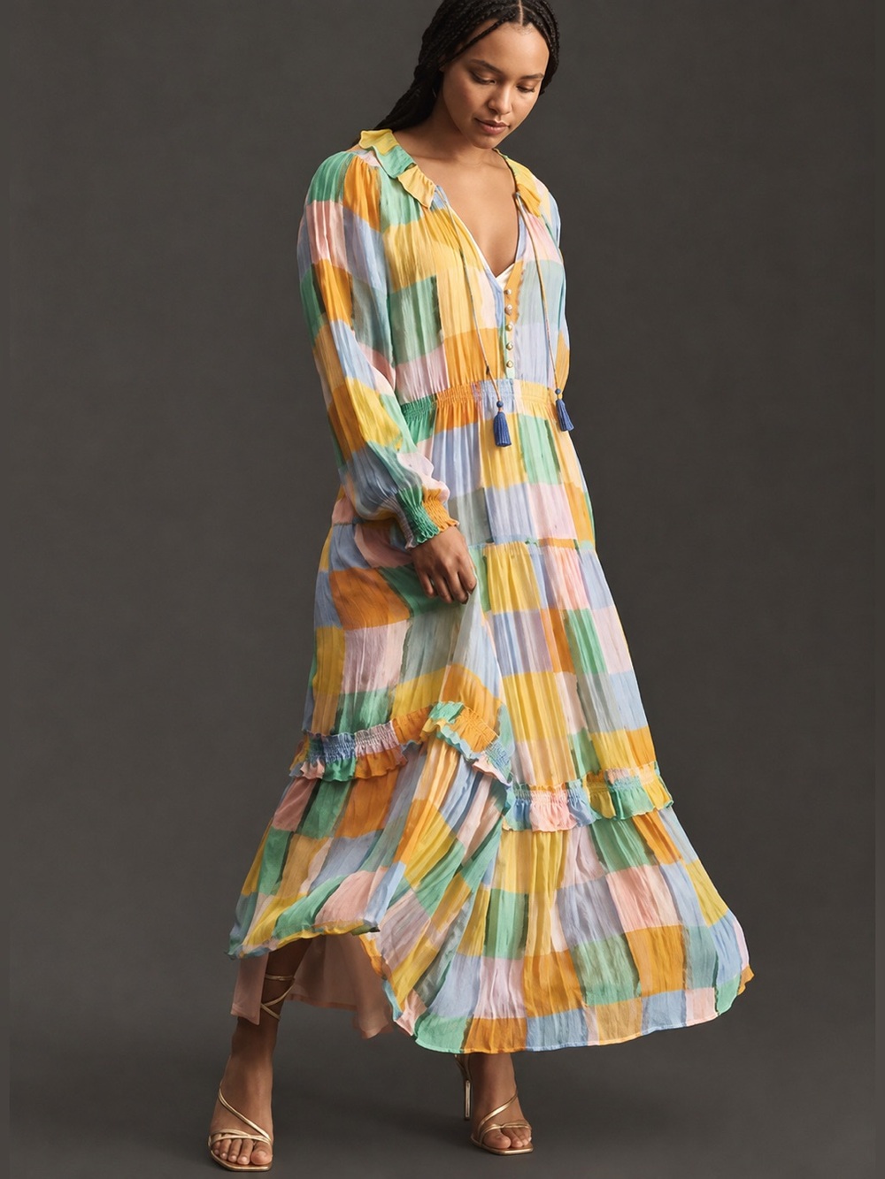 By Anthropologie Marais Pastel Grid Sheer Chiffon Maxi Dress 2X Boho Vacation